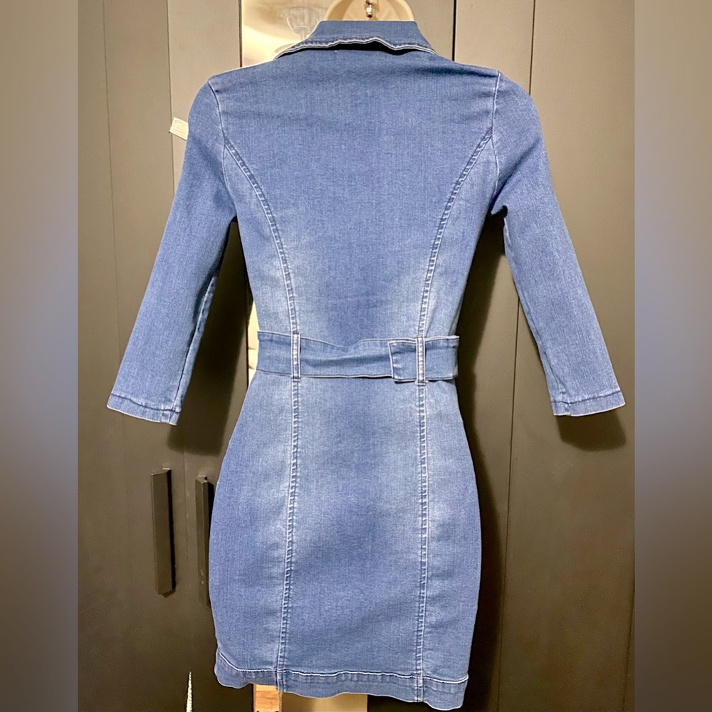 New Women's Zip Detail Acid Belted Denim Dress Size Small - Picture 6 of 11